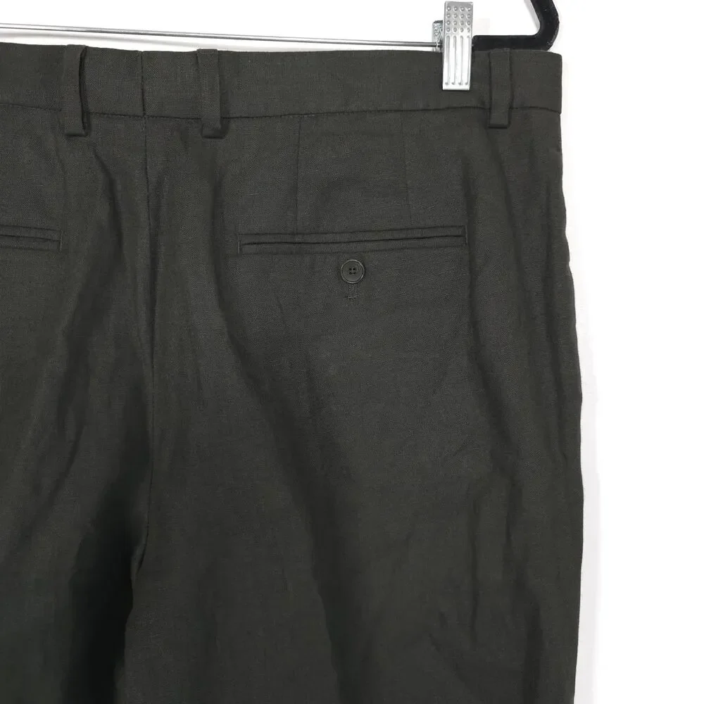 ZARA Mens New 32X30 Dress Pants 100% Linen Olive Green Straight Leg Tailored